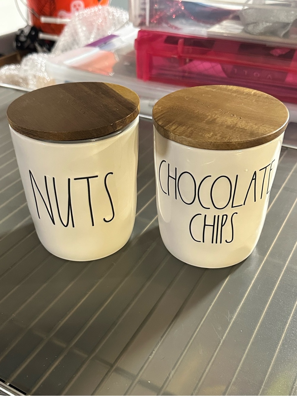 Rae Dunn Cream Ceramic Canisters with Wood Lids - NUTS & CHOCOLATE CHIPS